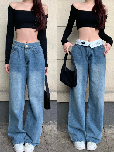 Real shot real price waist-valgus design sense straight jeans women's new loose slim wide-leg pants trousers trendy