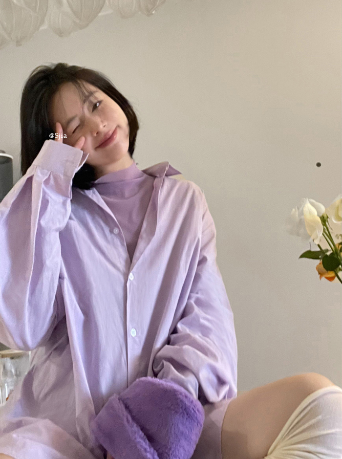 Real price Korean oversized boyfriend style lazy style lavender lantern sleeve mid-length shirt