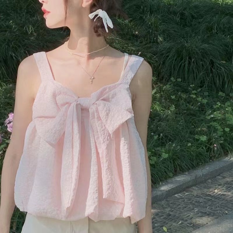 Sweet pink vest suspender women's 2023 summer new small bow chic inner and outer top