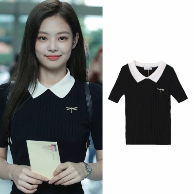 The same fashion embroidery French black and white matching ice silk T-shirt of Jennie gingingini women's summer thin T-shirt