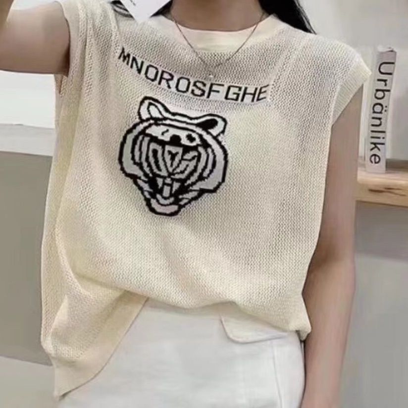 Hollow out summer cartoon printed letters sleeveless knitted women 2022 fashionable foreign style casual contrast color round neck top fashion