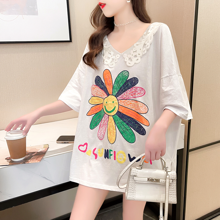 Real shot cotton collar short sleeve T-shirt women's summer Korean large medium length large edition top