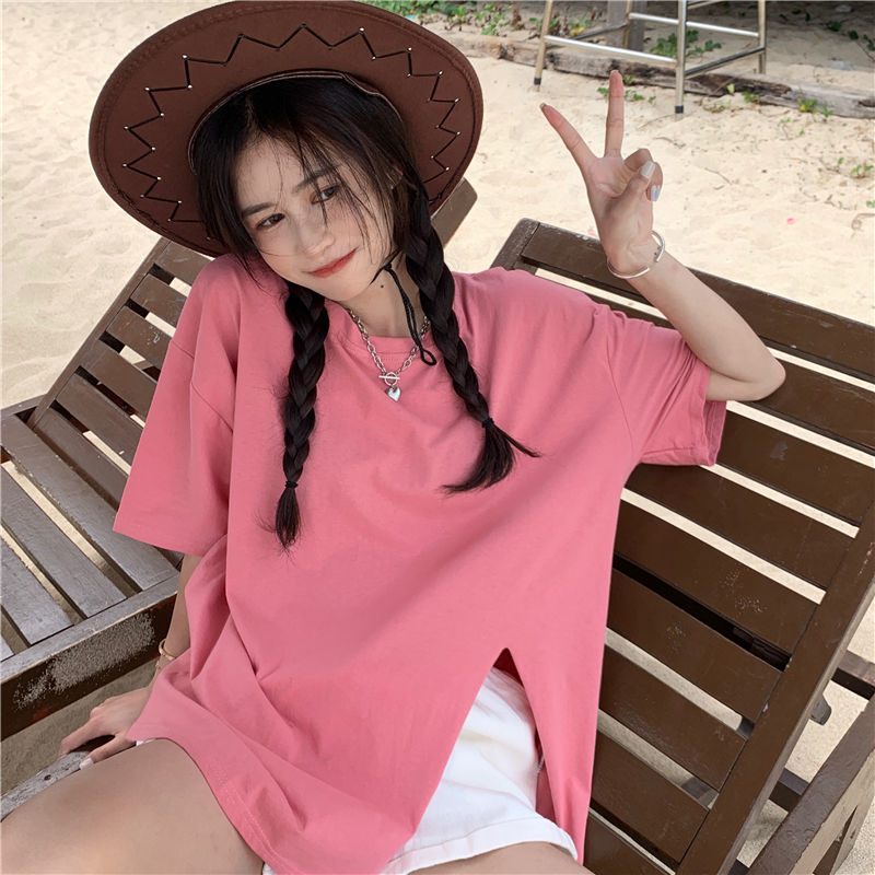 26 counts 100% cotton 2021 new slit tops mid-length short-sleeved T-shirt women's top trend