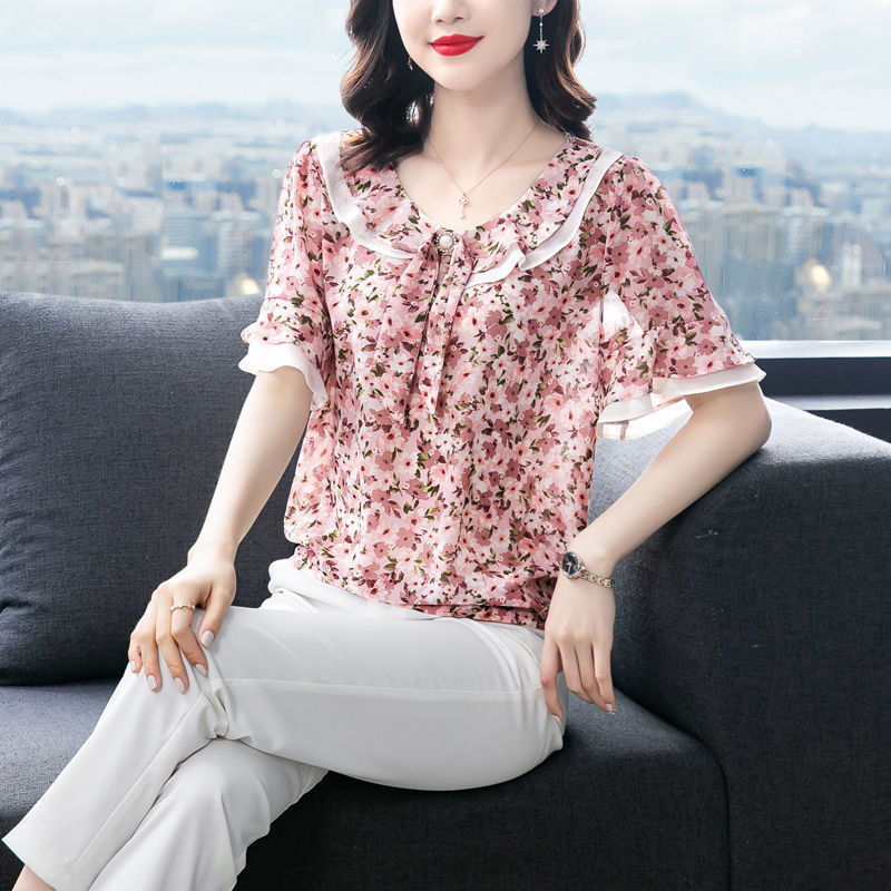 Floral Chiffon shirt women's 2022 new Korean version loose middle-aged mother's summer dress belly covering short sleeve women's dress top