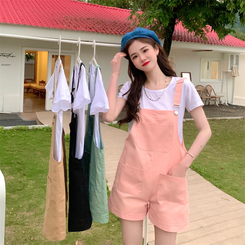 Real price ~ suspender pants Female Minority loose Korean version retro Cute Japanese small pants send solid color T-shirt