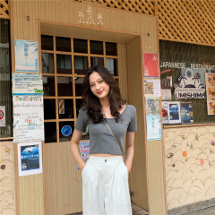 Real price slim U-neck open back short sleeve T-shirt women's short open belly top