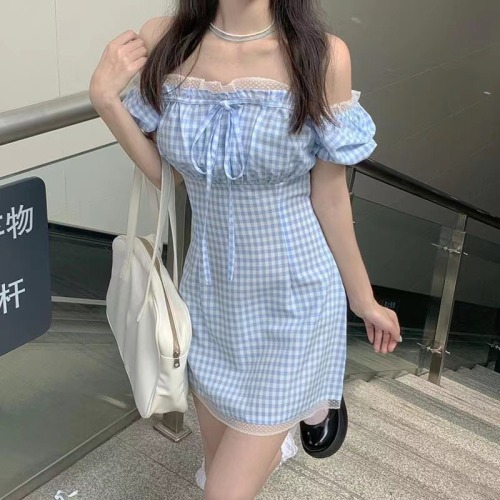 French lace Blue Plaid bubble sleeve dress for women in summer