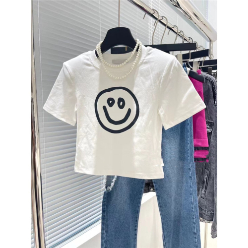 6535 Pullover cotton 2022 summer smiling face print round neck slim fit versatile slim short sleeve T-shirt women