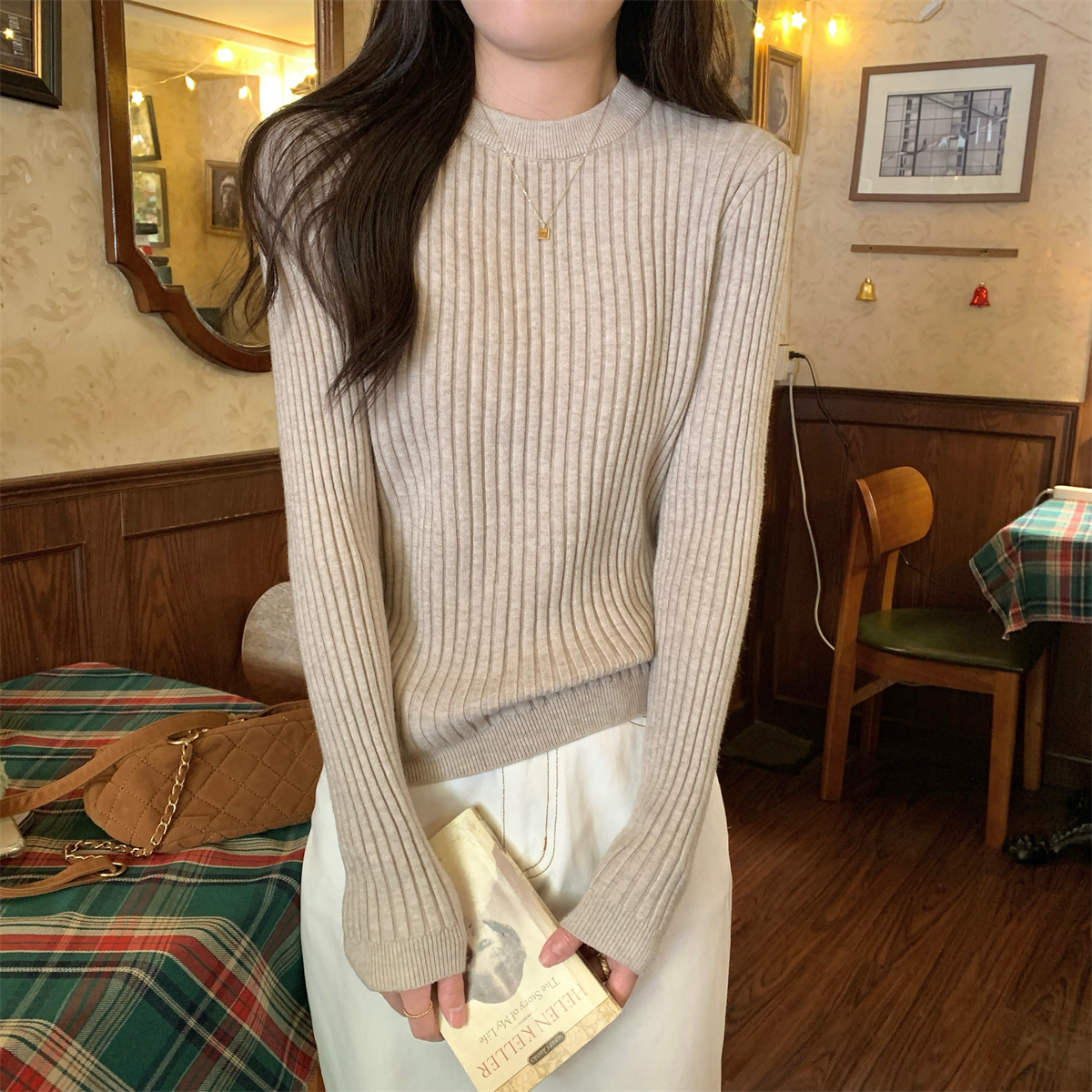 Actual shot of autumn and winter Korean style slim round neck solid color inner thickened Andy velvet knitted bottoming sweater for women