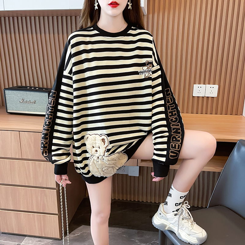Real shot-2022 autumn Korean version loose back collar Zhudi striped cartoon bear large size women's sweater women