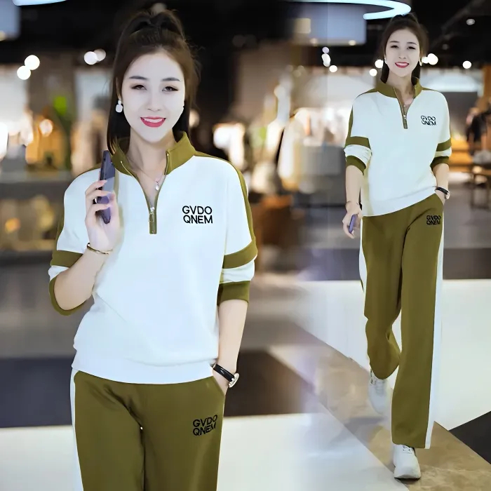 2023 spring and autumn new women's clothing Korean version stand-up collar color matching casual sportswear suit women's loose and thin two-piece suit