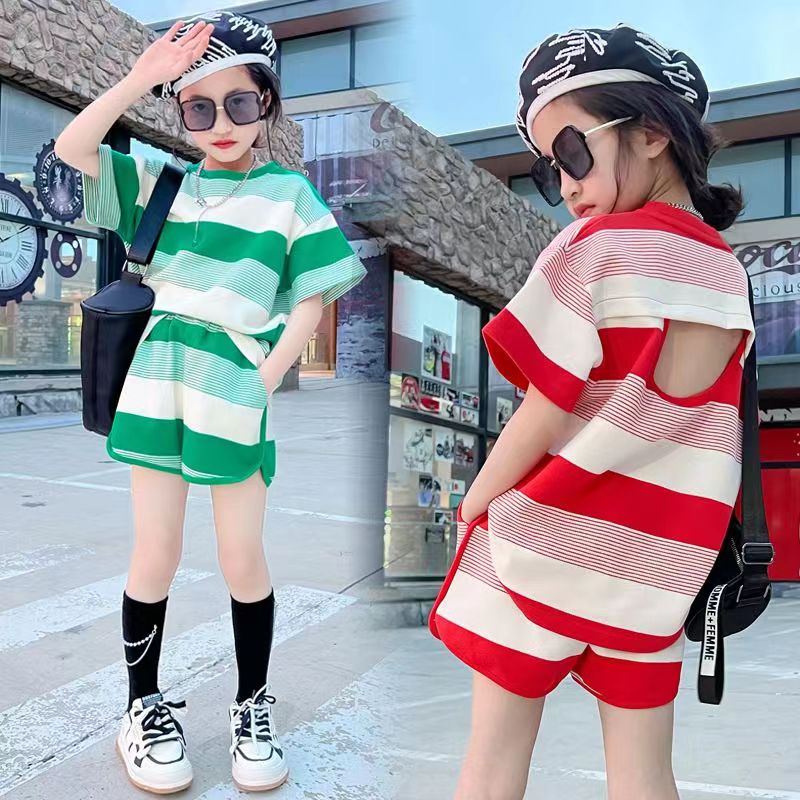 Girls suit short-sleeved T-shirt foreign style fashionable children's clothing net red shorts summer big boy summer two-piece suit
