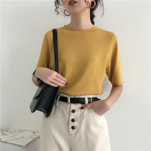 Half sleeve ice silk knit top women's spring and summer new Korean style all round neck solid color short sleeve Slim Fit Shirt