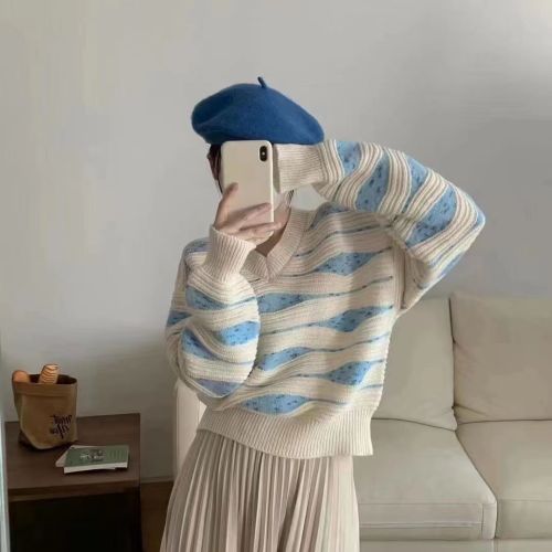 Small fresh three-dimensional striped sweater women's autumn and winter new Japanese college style soft waxy long-sleeved top