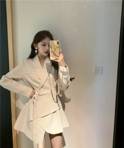 Real price fake two piece lace up long sleeve suit waist dress