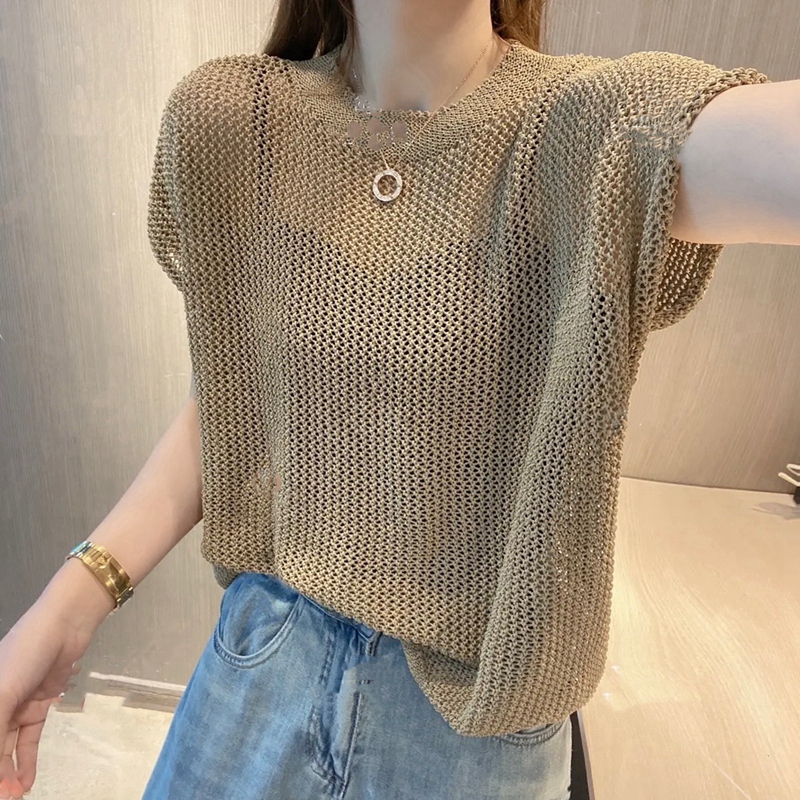9 Hollow ice silk short-sleeved T-shirt women's foreign style simple solid color Korean style chic thin knitted blouse
