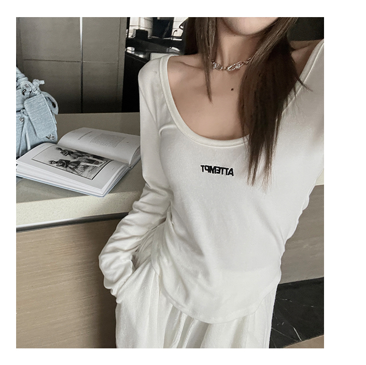 Real price official picture autumn and winter long-sleeved U-neck bottoming shirt women's all-match letter embroidery T-shirt tide
