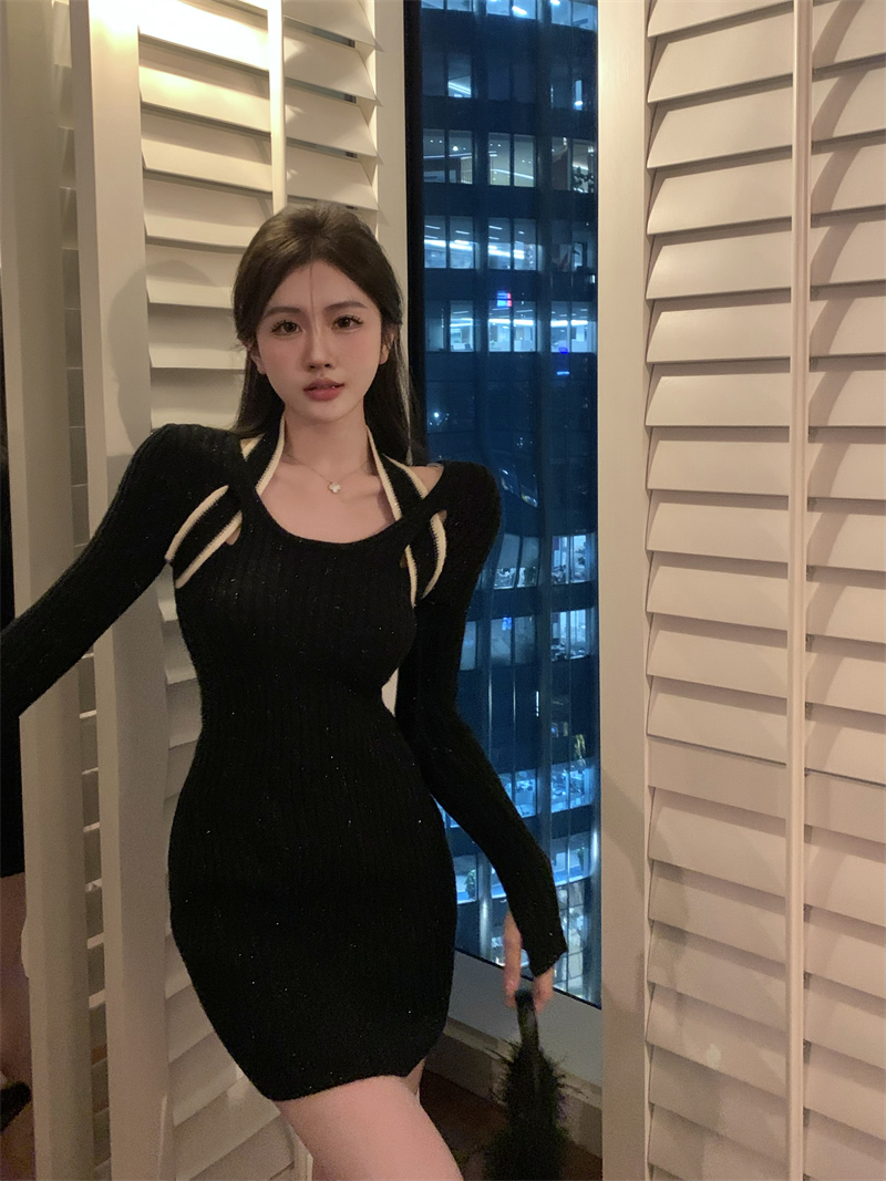 Real price two-wear knitted long-sleeved bottoming slim hot girl bag hip dress