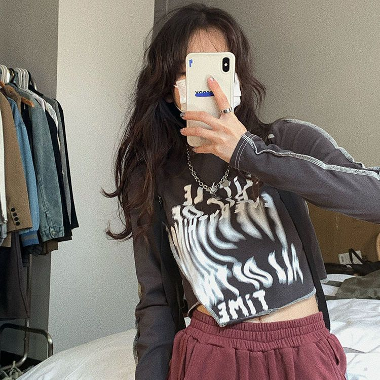 Official map pull frame cotton Korean chic daily basic irregular deformation printing Tee early autumn new 6314