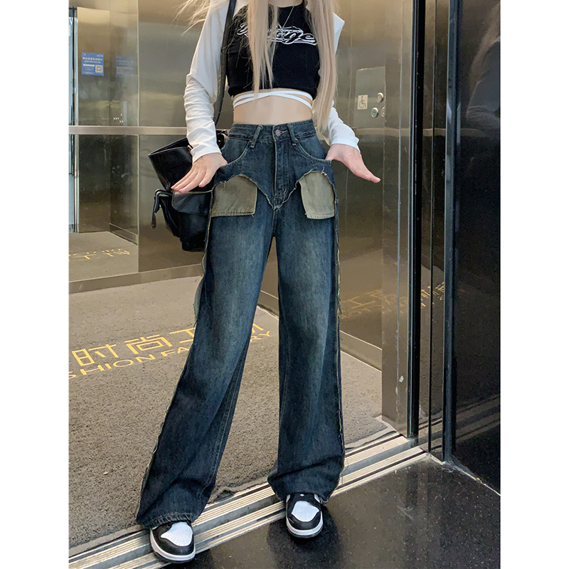 Design contrast color pockets eversion splicing straight wide leg jeans women's spring and autumn new high waist floor mopping trousers
