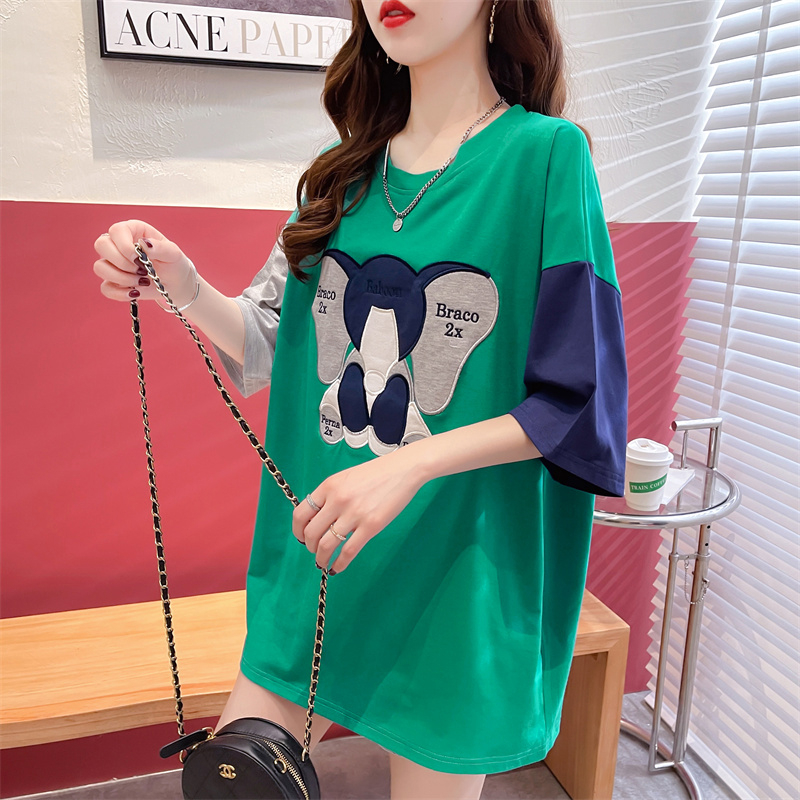 Official design niche t-shirt for women ins contrasting color stitching embroidery loose round neck short sleeves