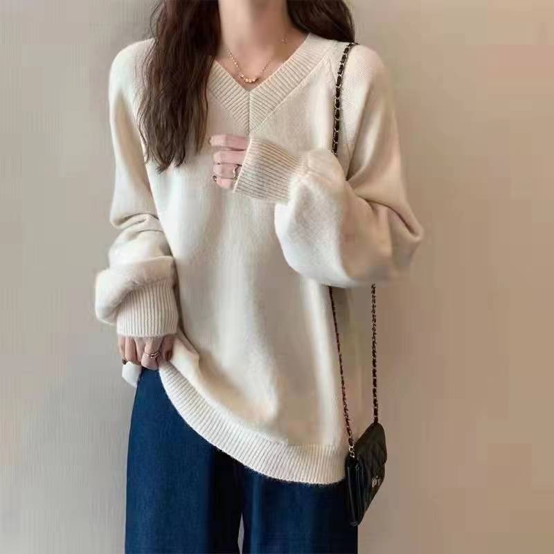 Korean chic new lazy style V-neck Pullover loose solid color bubble sleeve sweater for women