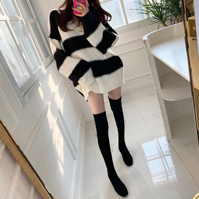 Thickened striped sweater for women's loose wear Mohair Pullover V-neck mid length sweatshirt for fall / winter 2020