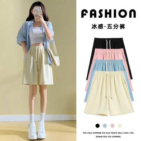 Ice silk sports shorts for women in summer, thin and drapey, loose, high-waisted, small chiffon suit, three-quarter pants, trendy ins