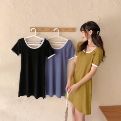 Summer new simple color contrast open back T-shirt dress short sleeve slim skirt student skirt women's wear