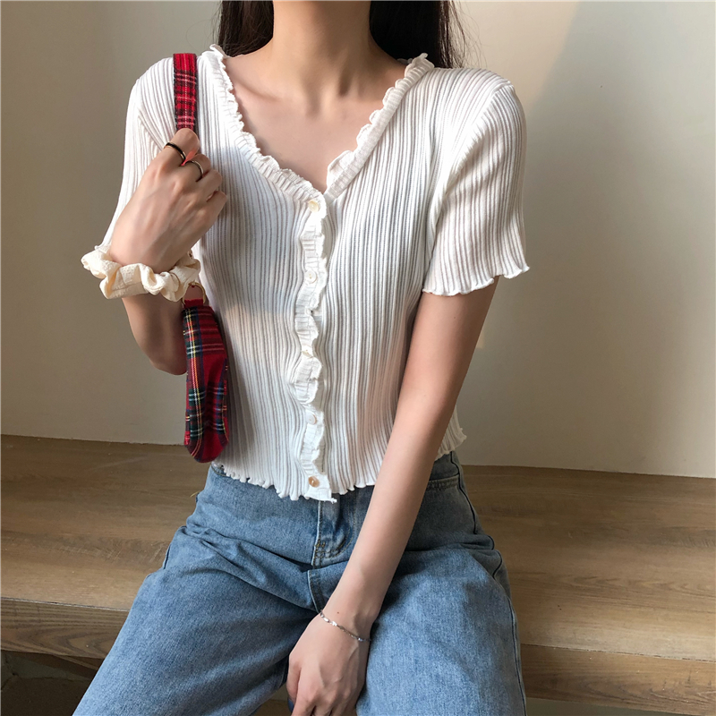Real photo real price new summer V-neck knitted short sleeve cardigan with ear edge for women