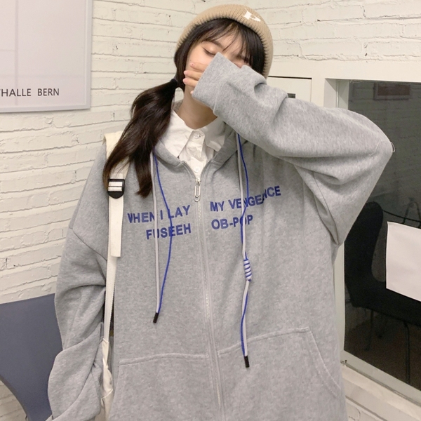Real price thin sweater women's hooded cardigan zipper printing