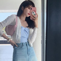 Summer ice silk knitwear women's long sleeve sunscreen cardigan thin coat white with short V-neck hollow top