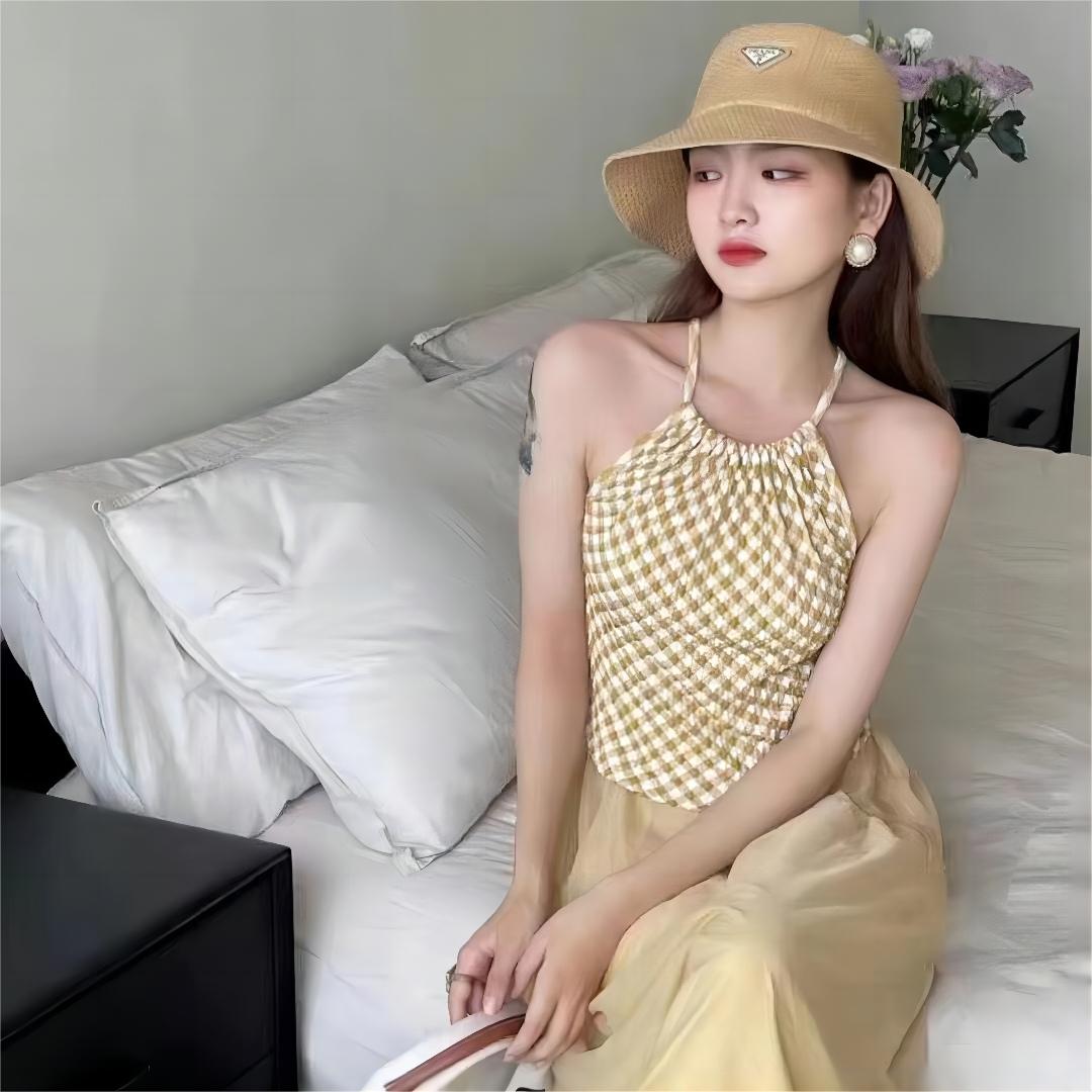 Pure desire sexy backless halter neck shoulder small camisole summer design niche plaid slim top summer
