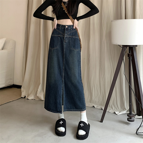 Real shot denim skirt women's autumn and winter  new design sense long skirt high waist thin slit a-line skirt