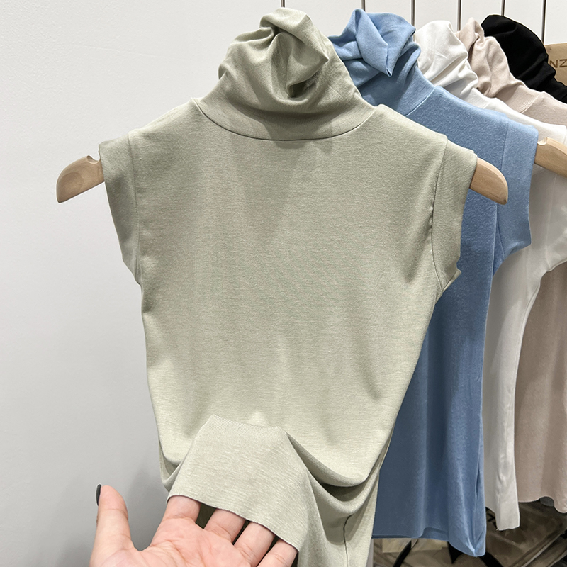 Real shot#Early autumn new style Western chic pile pile turtleneck bottoming shirt women's inner solid color short tight top
