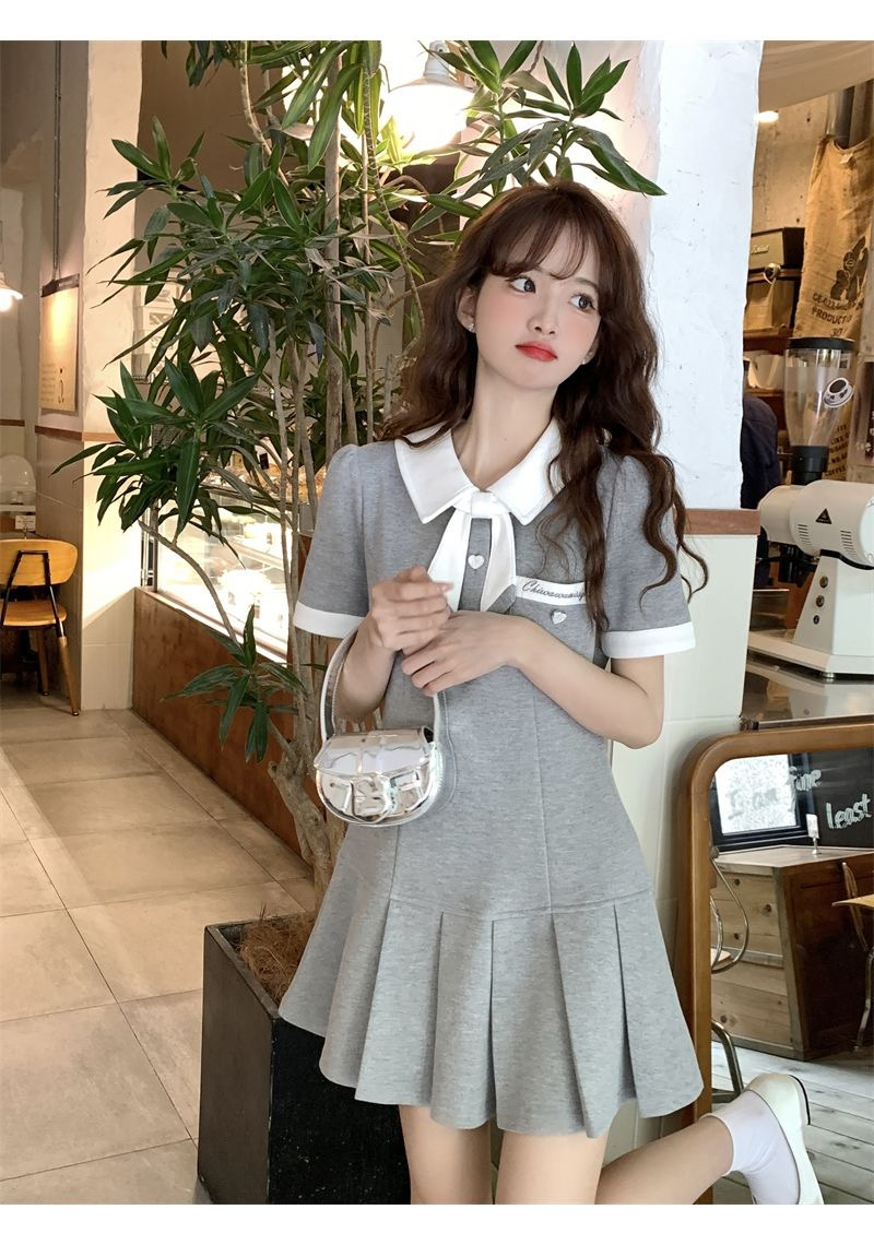 With delivery bow 2023 spring and summer new college style high-waisted sweet short-sleeved mid-skirt POLO collar dress