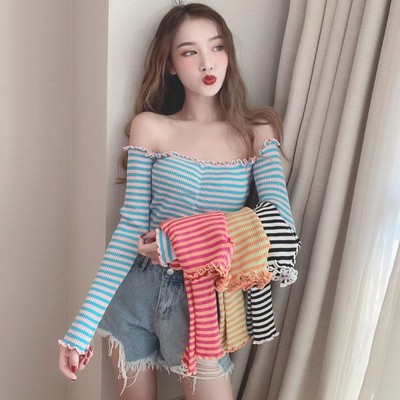 Summer new ear edge one shoulder thin top slim fit short striped long sleeve T-shirt bottoming shirt for women