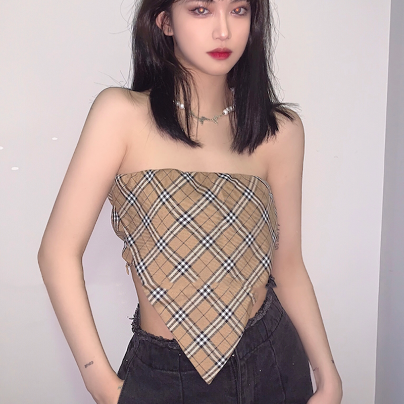 2022 new summer Vintage Hong Kong Style Plaid square towel bra top net red silk scarf wrap chest vest suspender