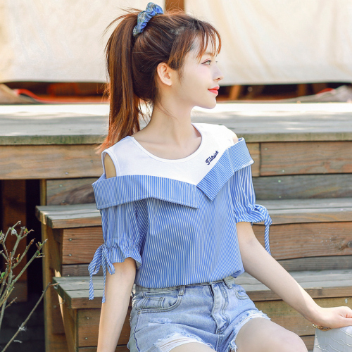 Actual photo new summer short sleeve Korean off shoulder stripe T-shirt show thin embroidery Chiffon Top Female
