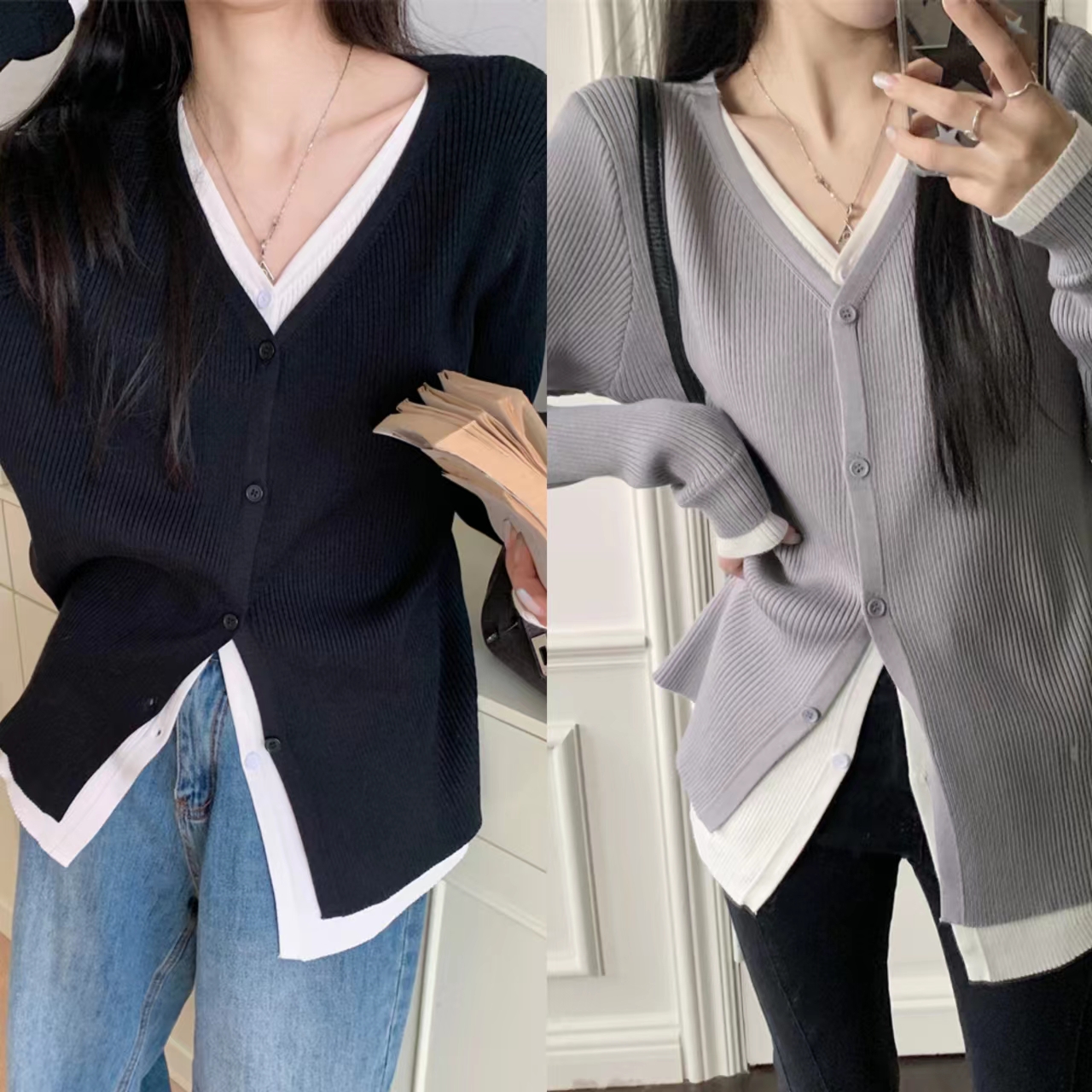 Plus size women's Korean style contrast color long-sleeved knitted cardigan all-match fake two-piece top