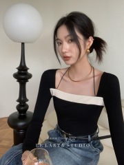 LELART autumn French sweet and spicy top long-sleeved color matching fashionable hanging neck square collar all-match thin T-shirt female ins