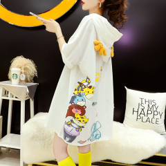 Official photo Korean cartoon hooded short sleeve T-shirt women's loose medium length 2021 new summer European large edition top