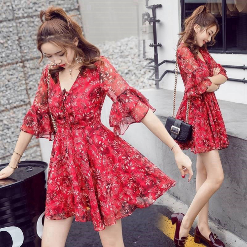 Spring Korean version small fresh skirt small super fairy collar trumpet sleeve Floral Chiffon Dress