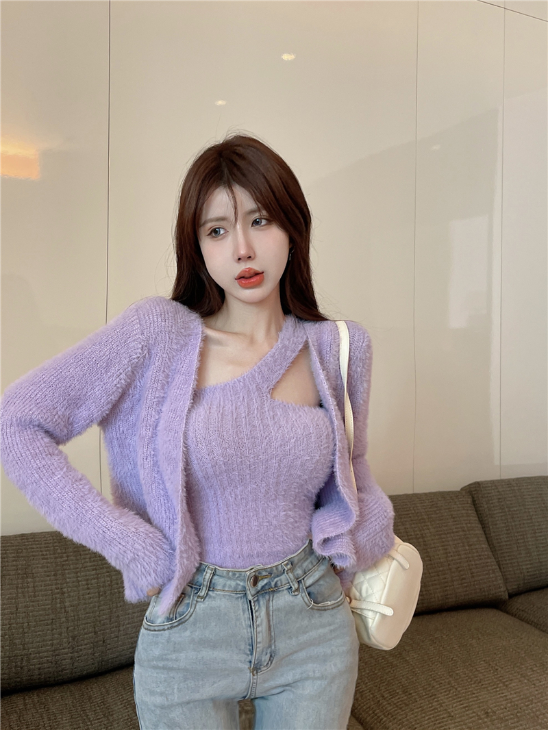 2022 slanted shoulder sling cardigan two-piece set women's slim and slim French gentle wind suit long-sleeved mink velvet coat