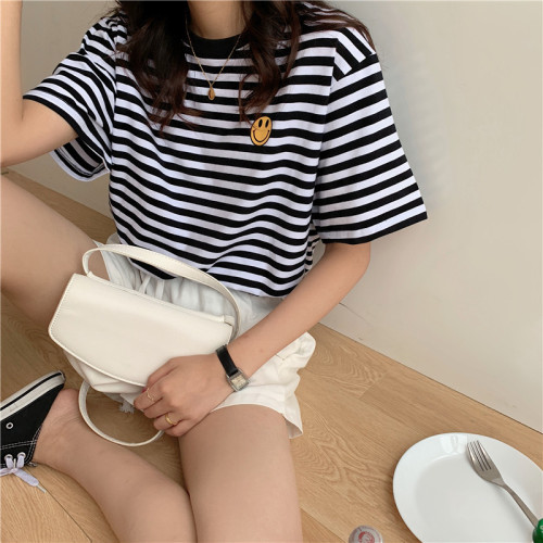 Real shot 6535 cotton summer Korean loose black and white stripe smiley print half sleeve short sleeve T-shirt