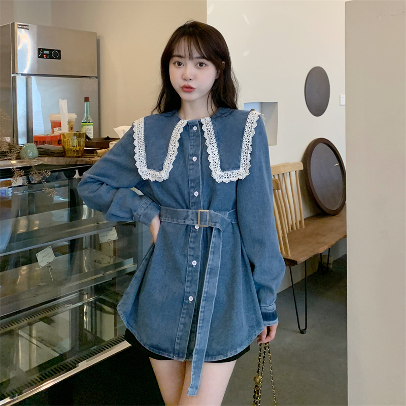 Real shot of the new lace doll collar long-sleeved shirt denim dress with belt S-5XL200 catties