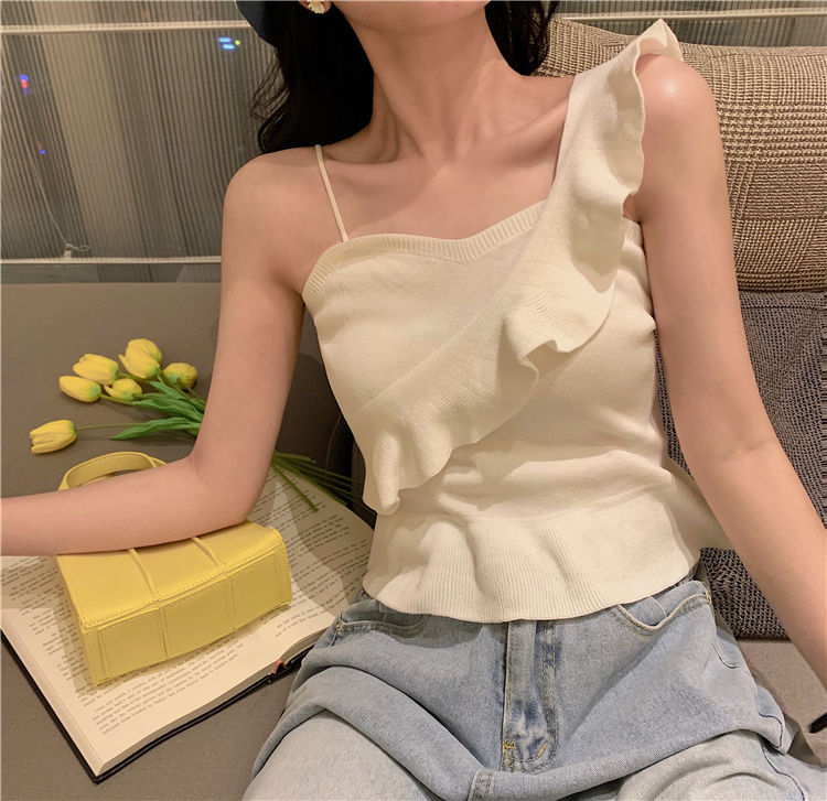 Summer sexy backless Ruffle knit top slim fit inside with bottomed shirt outside wearing short suspender vest women's wear