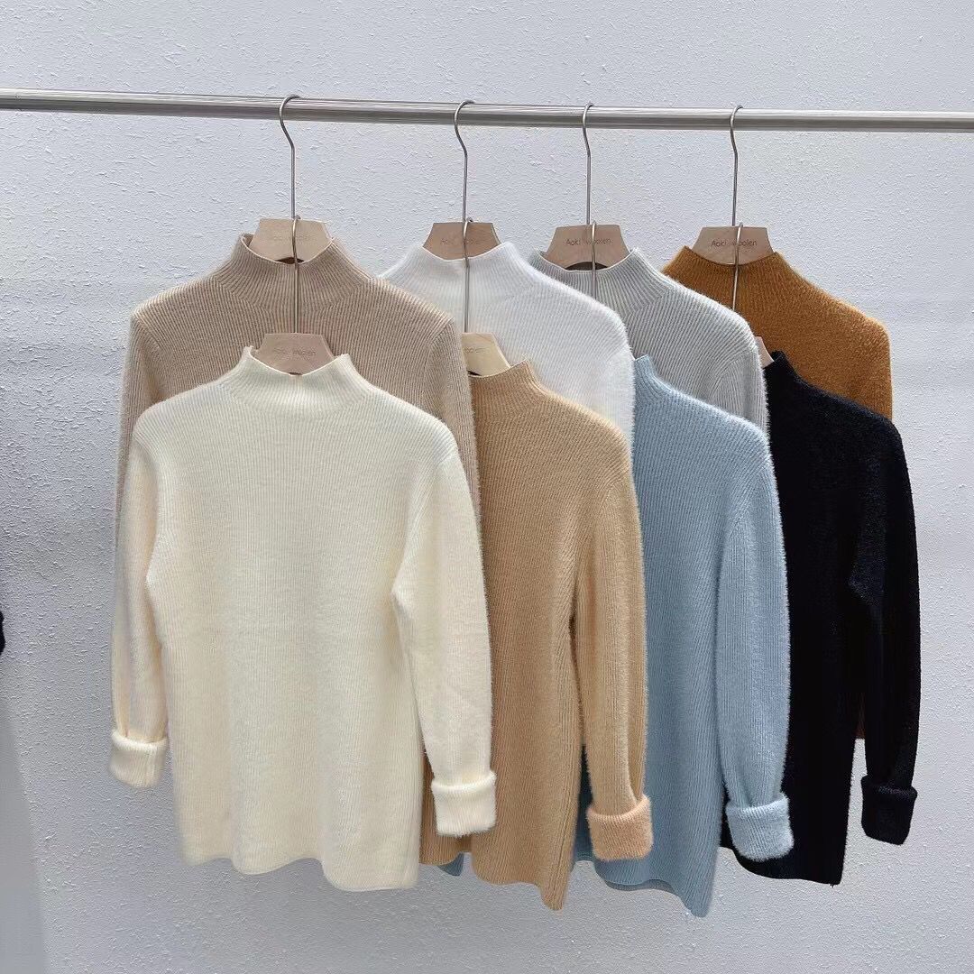 Mink sweater women's autumn and winter 2021 new inner layer Plush thickened half high collar bottomed sweater sweater