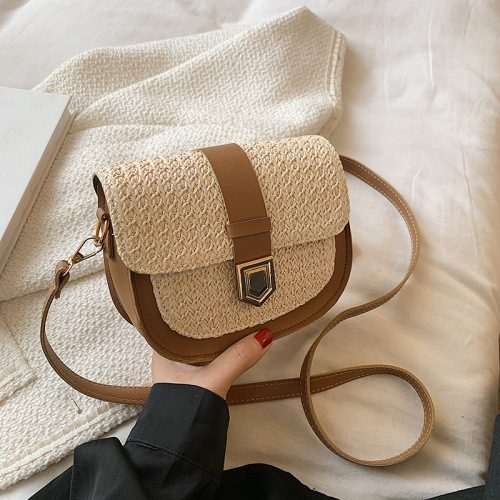 Straw bag women's 2022 summer new fashion saddle bag foreign style woven bag personalized splicing Single Shoulder Messenger Bag