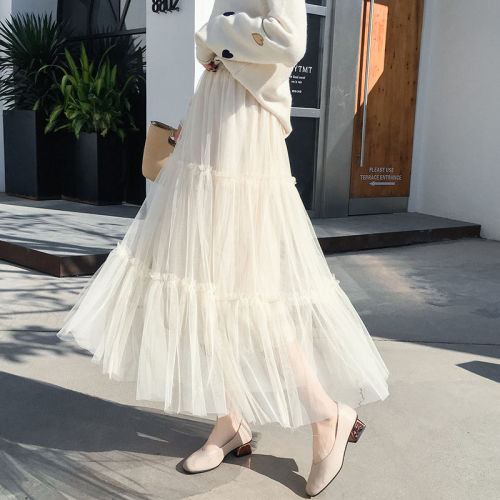  spring and summer women's gauze skirt women's half length skirt A-shaped fluffy mesh pleated fairy large pendulum medium length skirt